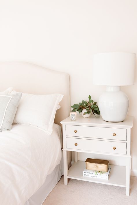 How to Find the Perfect Nightstand Height | Julie Blanner Dainty Nightstand, Small Nightstand Decor, Minimalistic Nightstand, Pretty Nightstand, How To Decorate Nightstand, Bedside Table Height, Simple Nightstand, Bedside Table Decor, Tall Nightstands