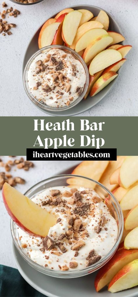 This heath bar apple dip is made with yogurt, cream cheese, and toffee pieces for an addictive dip that will have you coming back for seconds! It’s the perfect side dish to serve with sliced apples. Cream Cheese Heath Bar Dip, Cream Cheese Caramel Heath Bar Dip, Apple Heath Bar Dip, Heath Dip For Apples, Heath Apple Dip, Heath Bar Dip, Heath Bar Apple Dip, Heath Bar Dessert, Apple Dip With Cream Cheese