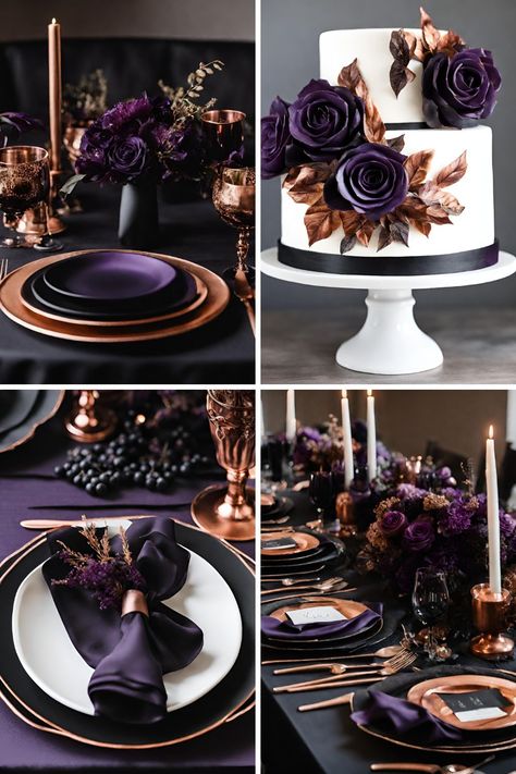 Black and Purple Wedding Color Ideas: Beautiful Black, Purple, and Copper Wedding Ideas - Francisca's Bridal Black And Plum Wedding, Purple And Black Wedding Theme, Black And Purple Wedding Theme, Wedding Theme Ideas Unique, Dark Purple Wedding Theme, Purple And Black Wedding, Black And Purple Wedding, Purple Black Wedding, Royal Purple Wedding