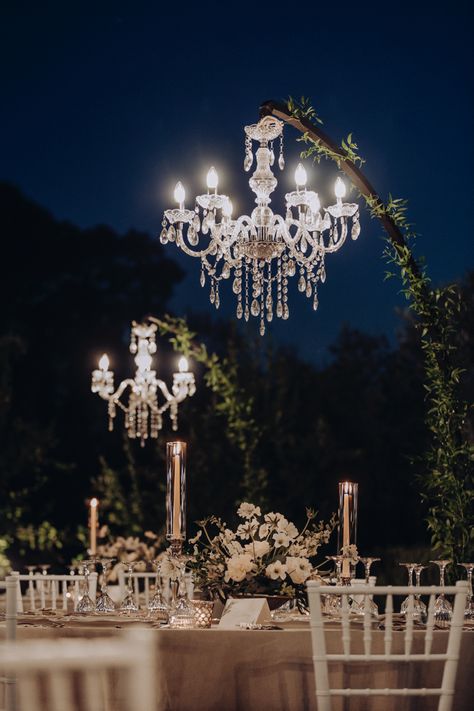 Wedding Reception With Chandeliers, Chandelier For Wedding Reception, Outside Chandelier Wedding, Outdoor Chandelier Wedding, Fairy Lights Wedding Reception, Candlelight Wedding, Small Outdoor Wedding, Candlelit Reception, South Africa Wedding