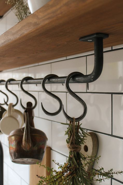 Kitchen Rail Made From Raw Steel With S Hooks Hanging Rail Utensil Rail Pot Rail Pan Rail Towel Rail Handcrafted Folkhaus - Etsy Hanging Mugs In Kitchen, Manly Kitchen Decor, Kitchen Rail Ideas, Hang Kitchen Utensils, Kitchen Shelf With Rail, Rustic Kitchen Shelving, Hanging Cast Iron Pans The Wall, Hanging Pans In Kitchen, Pot Hanging Ideas