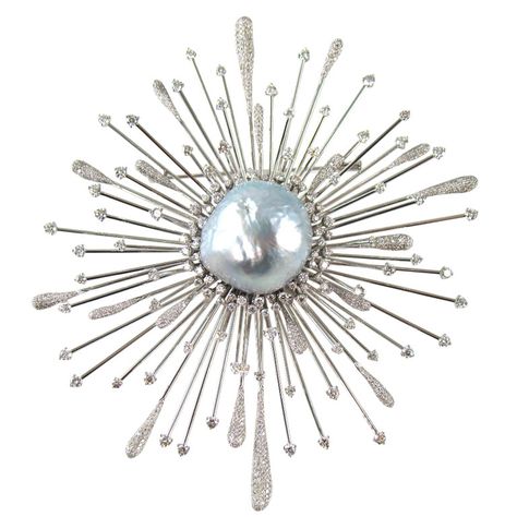 1stdibs | Beautiful Star Burst Baroque Pearl Diamond Gold Pin Brooch Baroque Pearls Jewelry, Silver Brooch Pin, Bijoux Fil Aluminium, Star Burst, Pearl Jewels, Gold Pin, Baroque Pearl Necklace, Sterling Silver Brooch, Diamond Brooch