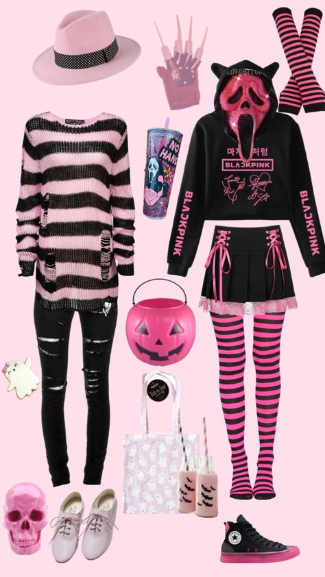 Barbie Slashers #pink #black #pinkandblack #halloweencostume #horror #halloween #trickortreat #slashers #freddykrueger #scream #ghostface Creepy Cute Outfits, Cute Outfits Pink, Ghostface Costume, Scream Outfits, Girly Goth, Horror Clothes, Scream Ghostface, Barbie Costume, Halloween Costumes Makeup