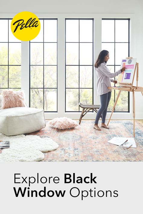 It's easy to see why black windows are growing in popularity. This trending color complements modern, farmhouse and industrial home designs, but is also a popular choice for homeowners looking to bring a more modern look to their traditional home. Available on Pella Lifestyle Series windows (shown) and other many other Pella window and patio door styles. Pella Lifestyle Series Black, Black Windows Drywall Return, Pella Lifestyle Windows, White Or Black Windows, Barn Remodel, Window Inspiration, Modern Tudor, Window Grids, Black Window Frames