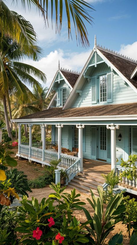 Discover a Tropical Paradise 🌴✨ - Dreaming of your own island escape? Key West Beach House, Coastal Exterior House Colors, Coastal Beach House Exterior, Coastal Cottage Exterior, Seaside Architecture, Decorative Shutters, Coastal Exterior, Welcoming Entryway, Coastal Cottage Style