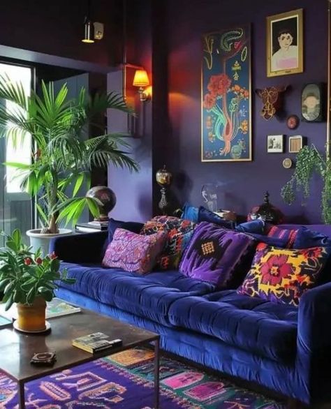 Dark Living Room With Pop Of Color, Dark Purple Living Room Walls, Blue Sofa Aesthetic, Eggplant Living Room, Small Maximalist Living Room, Purple And Green Living Room, Jewel Tone Interior Design, Indigo Living Room, Jewel Tones Interior Design