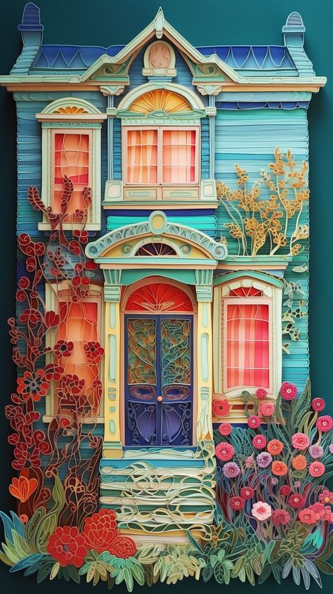 Victorian house created with AI by Amanda Church Quilling House, Rolled Paper Art, Paper Cutout Art, Layered Art, Book Sculpture, Quilling Paper Craft, Paper Quilling Designs, Quilling Paper, Art Gallery Wallpaper