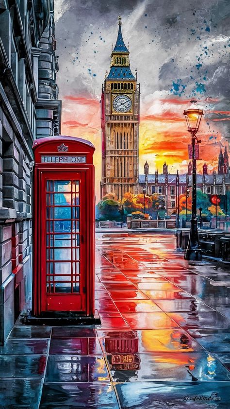 London Art Drawing, London Telephone Booth, London Phone Booth, London Artwork, London Drawing, Paris Artwork, Red Telephone Box, London Cityscape, London Painting