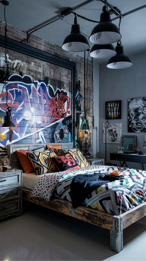 Discover how to bring a touch of street style to your bedroom with our latest design inspiration. From edgy decor accents to urban-inspired color schemes, elevate your space with these trendy ideas. Incorporate graffiti art, industrial lighting, and minimalist furniture for a modern urban vibe that's both stylish and cozy. Get creative with mixing and matching textures like exposed brick walls, distressed wood finishes, and concrete elements for an effortlessly cool look. Graffiti Style Bedroom, Street Style Room Decor, Skater Bedroom Aesthetic, Exposed Brick Walls Bedroom, Graffiti Interior Design, Street Style Bedroom, Bedroom Brick Wall, Concrete Elements, Edgy Decor