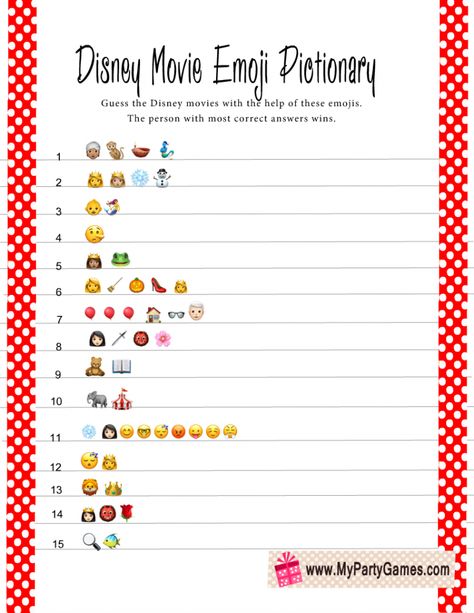 Emoji Baby Shower Game, Pictionary For Kids, Guess The Emoji Answers, Disney Themed Birthday Party, Disney Themed Birthday, Guess The Emoji, Pixar Party, Disney Activities, Emoji Quiz