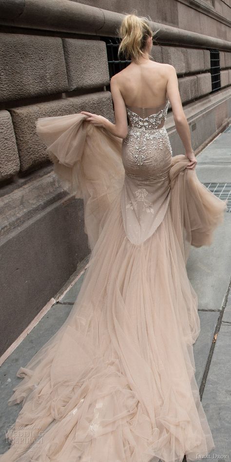 inbal dror 2016 strapless sweetheart fit flare mermaid wedding dress taupe color train style 05 bkv Split Wedding Dress, Nude Wedding, Inbal Dror, 2016 Wedding Dresses, Wedding Dress Train, Wedding Dresses Strapless, Beauty Dress, Fall Wedding Dresses, Dresses Elegant