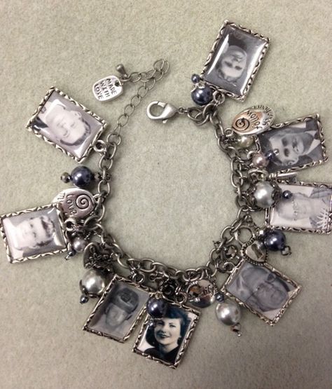 This family photo charm bracelet lets you carry along loved ones wherever you go. A perfect memorial or holiday gift, or something special for yourself. Elegant Vintage Charm Jewelry For Memorial, Classic Vintage Charm Jewelry For Memorial, Vintage Charm Jewelry For Memorial, Antique Charms Necklace For Memorials, Photo Charm Bracelet, Memory Jewelry, Custom Charm Bracelet, Heritage Jewellery, Memorial Bracelet