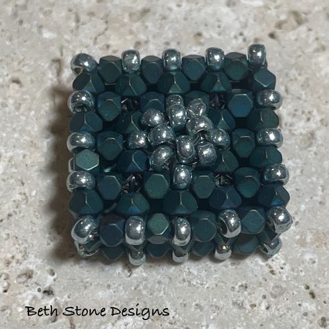 Faceted hematite beads are woven in a geometric pattern and highlited with tiny round glass seed beads. Beth Stone Designs Hematite Beads, Glass Seed Beads, Stone Design, Bead Weaving, Round Glass, Bead Work, Seed Beads, Geometric Pattern, Beads