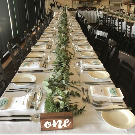 Gum Leaf Table Decorations, Long Table Decorations, Natural Bouquet Wedding, Buffet Wedding Reception, Buffet Wedding, Natural Bouquet, Graduation Dinner, Gum Leaves, Table Garland