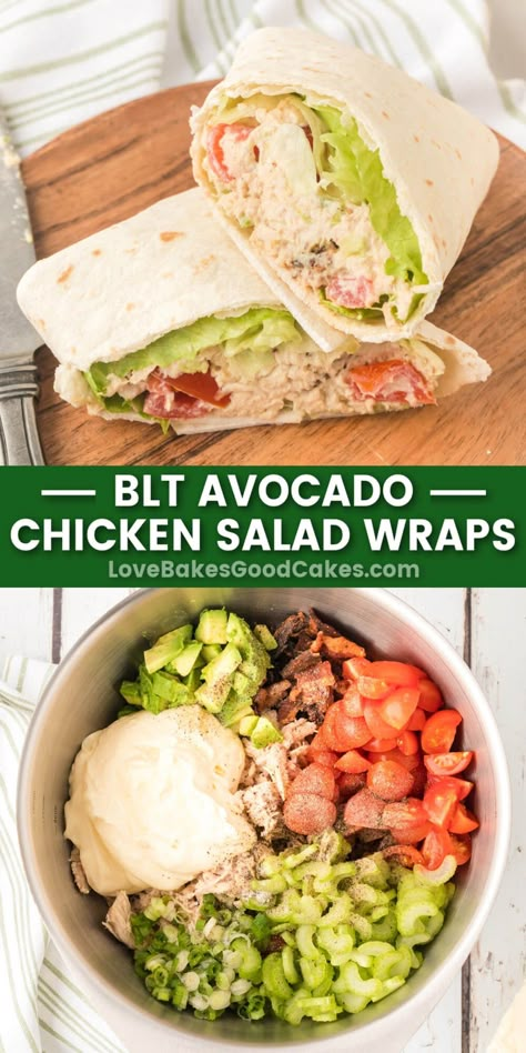 Blt Avocado Chicken Salad Wraps, Tomato Chicken Salad, Chicken Salad Wrap Recipe, Avocado Chicken Salad Wrap, Blt Wraps, Avocado Blt, Chicken Blt, Wraps Recipes, Salad Wrap