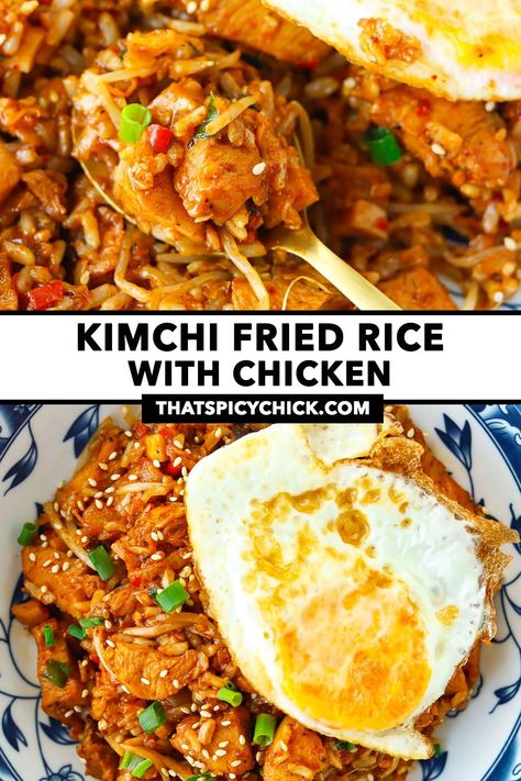 Korean Chicken Fried Rice, Kimchi Dinner Ideas, Kimchi Chicken Recipe, Kimchi Recipe Ideas Dinners, Fried Kimchi Rice, Kimchi Dishes, Recipes With Kimchi, Easy Kimchi Fried Rice Recipe, Kimchi Fried Rice With Chicken