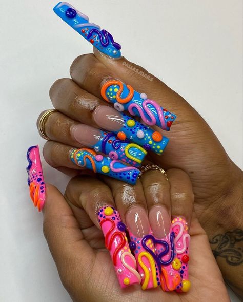 Long Junk Nails, Junk Nails, Drip Nails, Cute Acrylic Nail Designs, Dope Nail Designs, Exotic Nails, Really Cute Nails, Unique Acrylic Nails, Bling Acrylic Nails