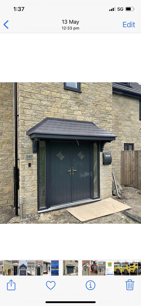 Anthracite Hipped Roof Fibreglass door canopy.  2180mm grey roof x 2100mm anthracite soffit  2 x Large dec legs also in Anthracite grey Front Door Peaked Roof, Storm Porch Ideas Uk, Large Porch, Porch Canopy Ideas, Front Porch Ideas Uk, Front Door Overhang, Porch Extension, Porch Uk, Front Door Canopy