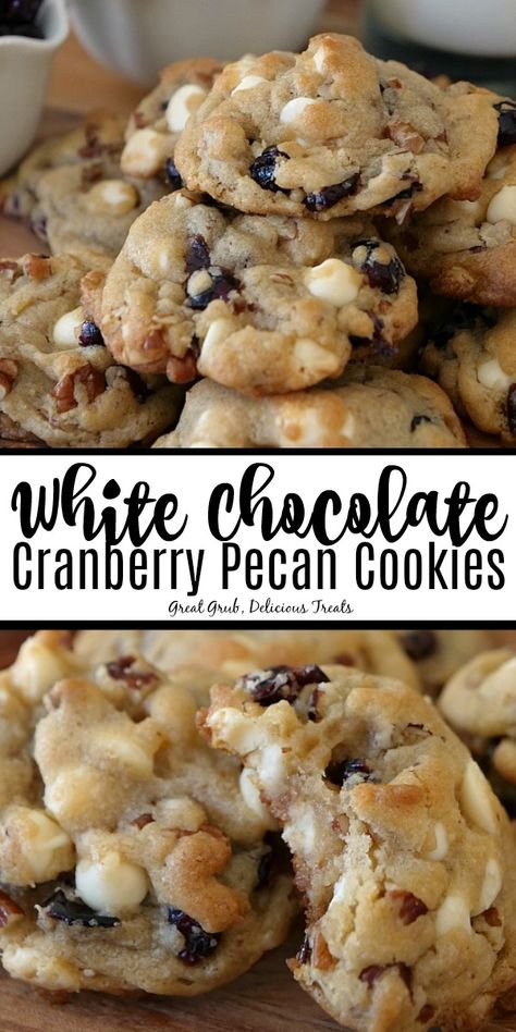 White Chocolate Cranberry Pecan Cookies are deliciously soft and chewy, full of dried cranberries, chopped pecans and white chocolate chips. #homemadecookies #whitechocolate #cranberry #pecan #cookies #greatgrubdelicioustreats Christmas Cookies With White Chocolate, White Chocolate Pecan Cookies, Christmas Gourmet Cookies, Cranberry Pecan Cookies, Cookies With Pecans, Cranberry White Chocolate Chip Cookies, Cranberry Cookies Recipes, Weekend Baking, Delicious Cookies Homemade