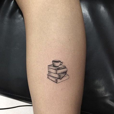 Book With Coffee Tattoo, Small Tattoo Ideas Books, Books And Coffee Tattoo Ideas, Coffee And Book Tattoo Ideas, Woman Book Tattoo, Tattoo Ideas For Writers, Minimalistic Book Tattoo, Tiny Coffee Tattoo, Minimalist Coffee Tattoo