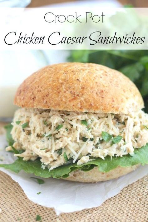 Looking for a quick and easy dinner that'll have the whole family asking for seconds? These Crock Pot Chicken Caesar Sandwiches are a snap to make, and the homemade Caesar dressing is packed with protein! Healthy and delicious! Chicken Caesar Sandwich, On A Bun, For Dinner, Chicken Caesar, Crock Pot Chicken, Chicken Salad Sandwich, Dinner Easy, Crock Pot Slow Cooker, Healthy Kitchen