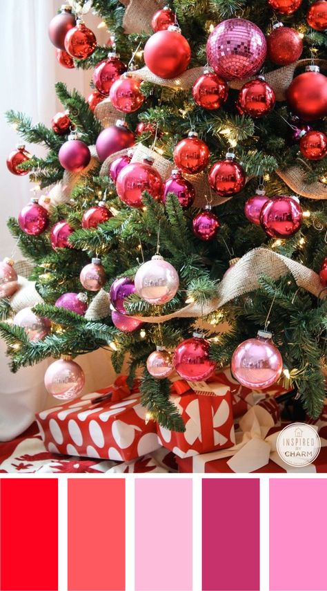 Pink Ornaments, Christmas Color Palette, Pink Christmas Decorations, Red Christmas Tree, Christmas Tree Inspiration, Christmas Color, Pink Christmas Tree, Colorful Christmas Tree, Christmas Tree Themes