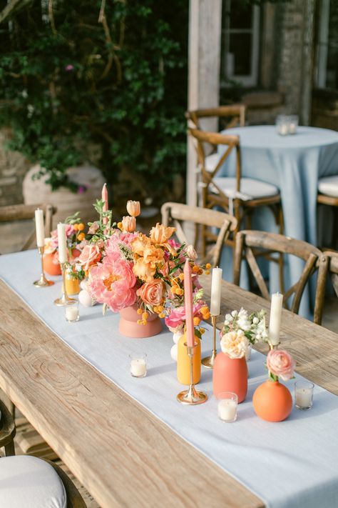 Perfection= THIS TABLE! Bright Wedding Flowers. Wedding Florist. Centerpieces. Floral Arrangments. Event Decor. New Orleans Weddings. Lifestyle Florist. Doris Ione. Bright Flower Centerpieces Wedding, Wedding Table Centerpieces Flowers Vases, Wedding Square Table Decorations, Colorful Summer Centerpieces, Spring Summer Table Decor, Small Colorful Centerpieces, Coral Napkins Wedding, Bright Flower Table Arrangements, Coral And Orange Wedding