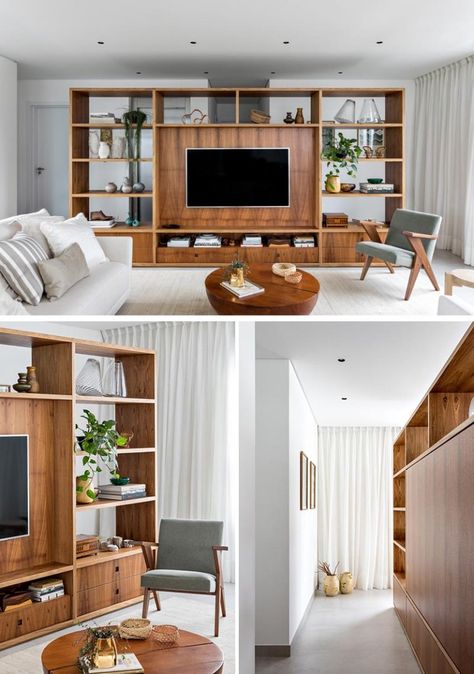 This TV Is In The Ideal Position By Cleverly Using A Large Room Divider As A Wall Living Room And Dining Room Divider With Tv, Living Room Divider Ideas With Tv, Tv Unit Divider Living Rooms, Tv Cabinet Divider, Living Room Tv Divider Ideas, Wall Divider With Tv, Tv Wall Separator, Room Divider Tv Unit, Divider Kitchen And Living Room