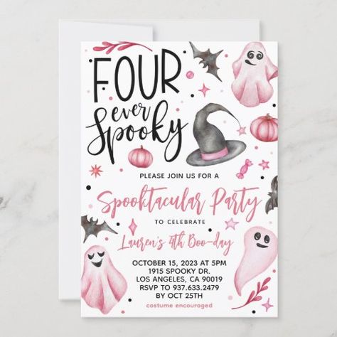 $2.95 | Four Ever Spooky Halloween Birthday - four ever spooky halloween invitation, 4th spooky halloween birthday invitation, 4th halloween birthday invitation, 4th halloween girls invitation, 4th halloween pink invitation, halloween pink invitation, halloween pink girl invitation, 4 ever spooky halloween invitation, 4th spooky halloween invitation, boo day halloween invitation Boo Two Birthday, Two Spooky 2nd Birthday Party, Two Spooky, Spooky Birthday, Halloween First Birthday, 2nd Birthday Party For Girl, Halloween Birthday Invitations, Baby Birthday Themes, Toddler Birthday Party