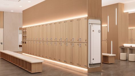 Dance Studio Bathroom, Office Locker Room, Gym Lockers Design, Japandi Gym, Luxury Locker Room, Modern Locker Room, Locker Room Aesthetic, Locker Room Bathroom, Locker Room Design