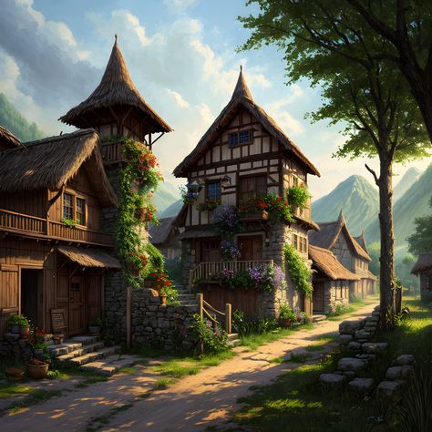 Fantasy Concept Background Realistic Medieval Village Environment#pikbest##Illustration Jungle Village Fantasy Art, Medieval Fantasy Village Concept Art, Fantasy Farming Village, Fantasy Village Concept Art, Town Fantasy Art, Fantasy Town Concept Art, Village Environment, Dragon Village, Vila Medieval