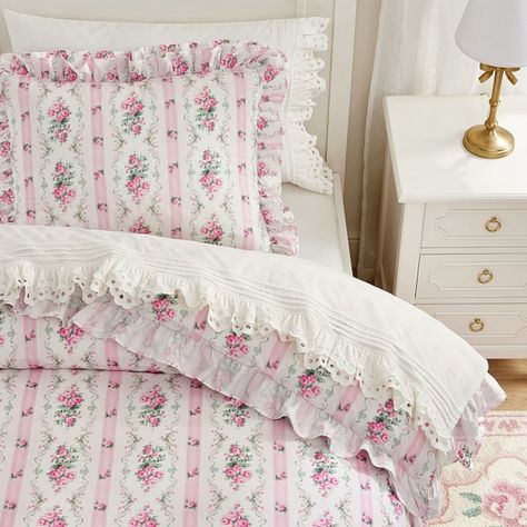 Crafted from soft, durable organic cotton, this duvet cover brings beautiful blooms and color to their bedding. The breathable layer is trimmed with ruffles for an elegant touch and makes a cozy piece for any time of year. Pair with the matching shams for a cohesive set. Designed exclusively for Pottery Barn Kids by lifestyle brand LoveShackFancy. DETAILS THAT MATTER Made of 100% cotton percale with a digitally printed design. Percale weave is a tightly woven weave, which gives the fabric a soft matte finish while providing durability and wears well over time. Duvet reverses to the same print. Duvet cover and shams is finished with velvet tie closures to keep the duvet in place. Twin size duvet is finished with 6 buttons to keep duvet in place. Full/Queen duvet is finished with 8 buttons t Fancy Bedroom, Queen Duvet, Bed Duvet Covers, Beautiful Blooms, Pottery Barn Kids, Dream Room, New Room, Interior Design Services, Bedroom Makeover