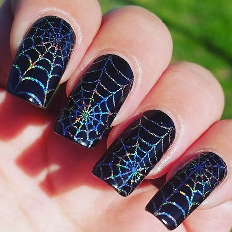 Getting an early start on Holo-ween 🕸🕷 Base is #opi Black Onyx, stamped with #colorclub Harp On It. Spiderweb image is from… | Instagram Black Chrome Spider Web Nails, Black Halloween Nails Spider Webs, Spiderweb Nails Coffin, Purple And Black Spiderweb Nails, Halloween Crome Nails, Halloween Color Nail Ideas, Halloween Nail Designs Diy, Spiderweb Nail Designs, Spiderweb Nails Short