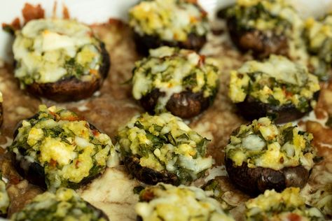 Greek-Style Stuffed Mushrooms Dimitras Dishes, Greek Kitchen, Greek Spinach, Turkey Roast, Tiny Bites, Portobello Mushroom Recipes, Spinach Pie, Stuffed Mushroom, Sundried Tomatoes