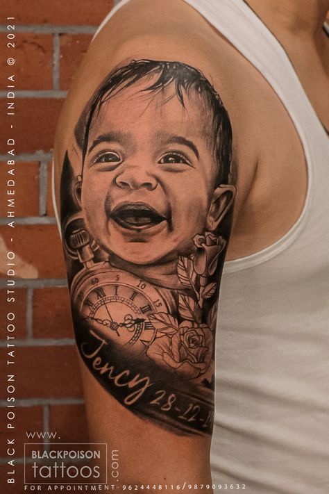 When it comes time to memorialize an important figure in a man’s life, there are few options that are as permanent and respectful as a portrait tattoo. These tattoos are a great way to show your love for an individual that was or still is an important aspect of your life, and they can be done from just about any existing imagery of the person in question. #daughter #daughtersnametattoo #daughterportrait #daughterportraittattoo #biceptattoo #halfsleevetattoos #blackandgreytattoo #portraittattoo Daughter Portrait Tattoo, Portrait Tattoo Ideas, Potrait Tattoo, Daughters Name Tattoo, Portrait Tattoo Sleeve, Only Daughter, Knight Tattoo, Men Tattoos Arm Sleeve, Neck Tattoo For Guys