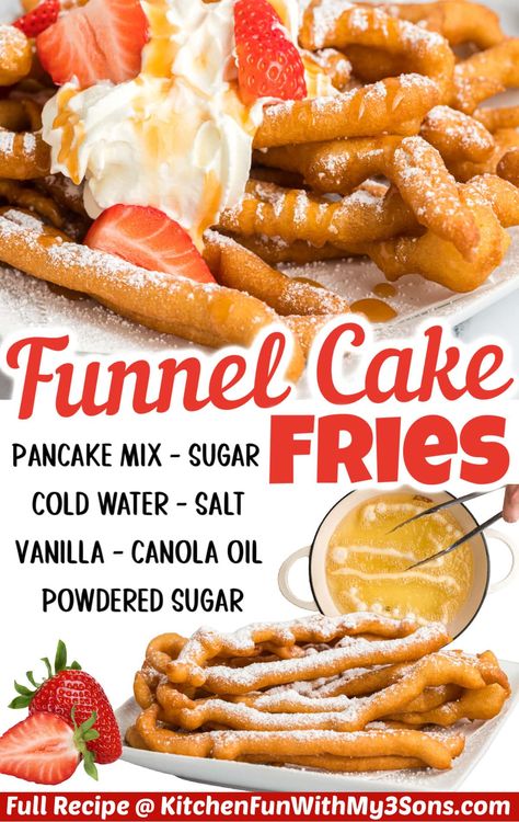 Funnel Cake Recipe Pancake Batter, Funnel Cake Flavor Ideas, At Home Funnel Cake, Funnel Cake Air Fryer Recipe, Easy Funnel Cakes, Funnel Cake Fries Air Fryer, Diy Funnel Cake Recipe, Funnel Cake Fries Recipe With Pancake Mix Easy, Funnel Cake Recipe Easy Bisquick