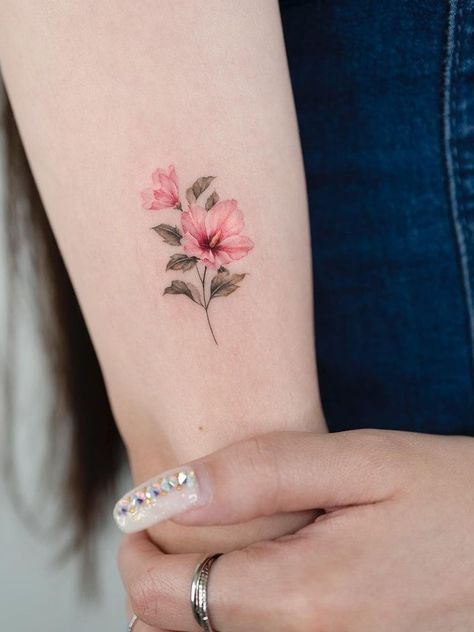 Korean Hibiscus Tattoo, Tiny Hibiscus Flower Tattoo, Small Peony Tattoos For Women, Minimalist Hibiscus Tattoo, Pink Hibiscus Flower Tattoo, Chinese Hibiscus Tattoo, Dainty Hibiscus Tattoo, Hibiscus Tattoo Behind Ear, Hibiscus Syriacus Tattoo