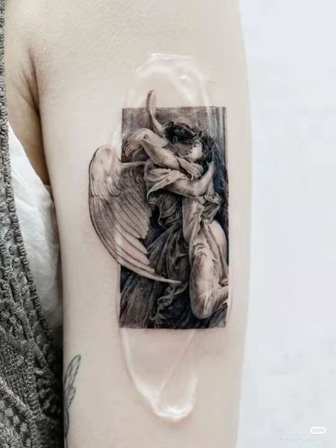 Greek God Statue Tattoo, Eros Tattoo Greek, Eurydice And Orpheus Tattoo, Aprodithe Tattoo, Marble Statue Tattoo, Roman Sculpture Tattoo, Eros And Psyche Tattoo, Orpheus And Eurydice Tattoo, Greek Sculpture Tattoo