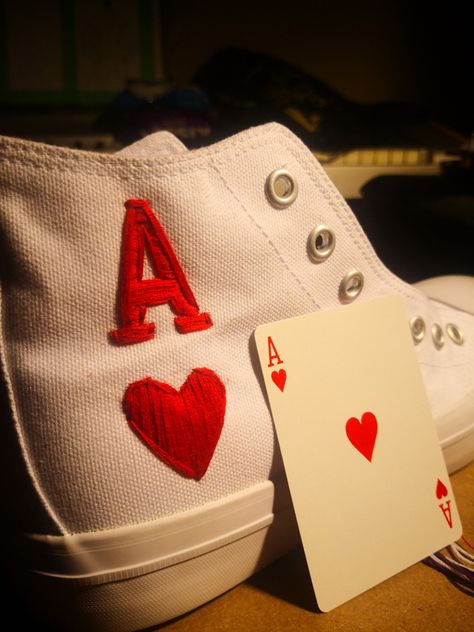 I hand embroidered my favorite playing cards on my canvas shoes. Playing Cards Design, Cards Design, Canvas Shoes, Hand Embroidered, Poker, Playing Cards, My Favorite, Embroidery, Canvas