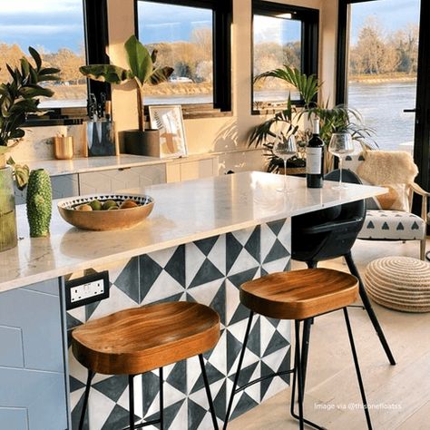 Black And White Checkered Floor, Cement Fireplace, Checkered Floor, Fireplace Tiles, Reclaimed Tile, Neutral Tile, Striped Tile, Utility Cupboard, Tiles Handmade