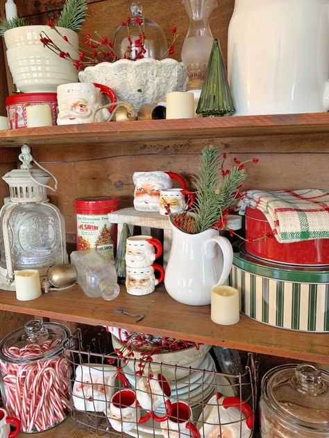 Hutch Decorated For Christmas, Christmas Hutch Display, Vintage Christmas Shelf Decor, Hutch Christmas Decorating Ideas, Christmas China Cabinet Decor, Christmas Hutch Decorating Ideas, Christmas Hutch Decor, Coffee Buffet, Cozy Vintage Christmas