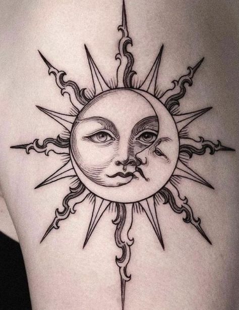 Moon Sun Tattoo, Sun Tattoo Designs, Sun And Moon Tattoo, Muster Tattoos, Moon Tattoo Designs, Sun Tattoos, Sun Tattoo, Nature Tattoos, Dope Tattoos