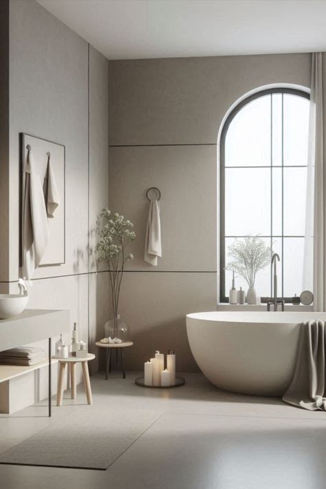 Embrace minimalism with this sophisticated greige (grey-beige) and white palette. Less is more in bathroom design. #MinimalistBathroom #GreigeAndWhite Bathroom Color Schemes, White Palette, Bathroom Color, Minimalist Chic, In Bathroom, Grey Beige, Minimalist Bathroom, Grey And Beige, Less Is More