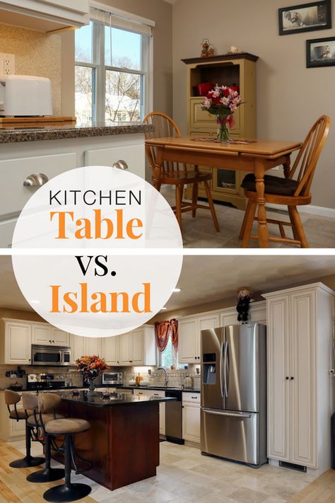 For today's main event, we have The Kitchen Table vs. The Kitchen Island! 😁  Both have their advantages so let’s take a seat, anywhere you like, and discover what’s best for your new kitchen and your lifestyle.  #kitchendesign #kitchenremodel #kitchenisland #kitchentable #diningtable #kitchenmagic Eat In Kitchen Island Table, Kitchen Island Instead Of Dining Table, Kitchen Island Vs Dining Table, Table Height Kitchen Island, Kitchen Island Dining Table Combo Small Spaces, Kitchen Island As Dining Table, Kitchen Island Table Combo, Kitchens Design, Kitchen Measurements