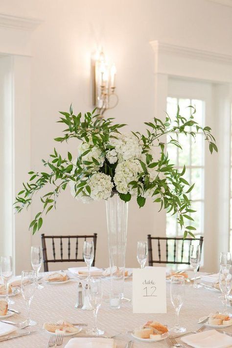 Tall Table Centerpieces, Tall Centerpiece, Greenery Centerpiece, Tall Wedding Centerpieces, Wedding Flower Girl Basket, Spring Light, White Hydrangeas, Soft Spring, Beautiful Wedding Flowers