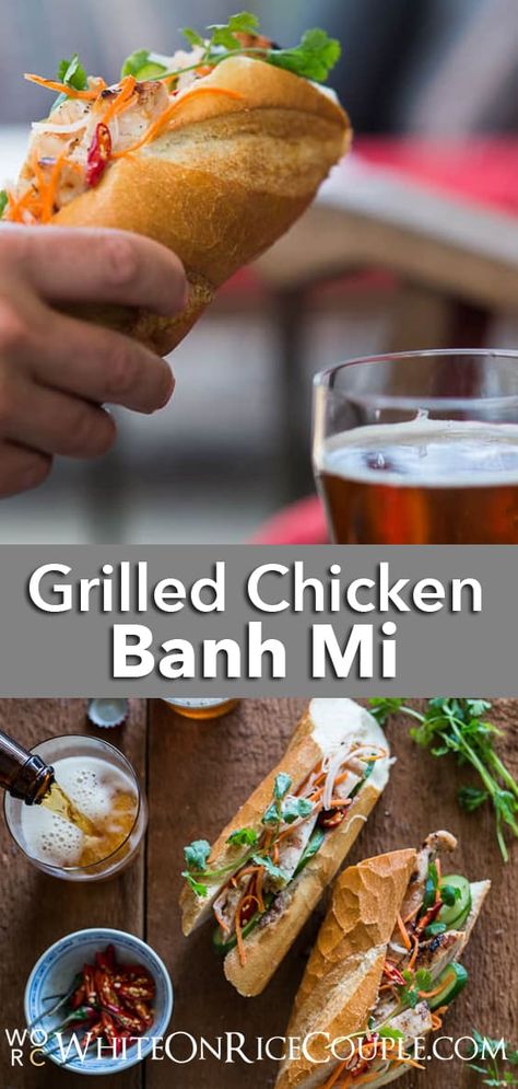 Grilled Chicken Vietnamese Banh Mi Recipe | WhiteOnRicecouple.com Vietnamese Grilled Chicken, Chicken Banh Mi, Vietnamese Chicken Salad, Banh Mi Recipe, Vietnamese Banh Mi, Recipe With Chicken, Vietnamese Sandwich, Banh Mi Sandwich, Bahn Mi