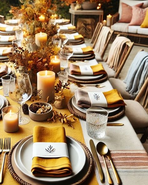 Golden hour dining✨ Transform your cozy outdoor gatherings with our luxurious table settings! ✨ Shop now for beautiful fall palette table linens 🍁#FineDining #AutumnVibes #TableScape #ShopNow #CaliforniaLiving #TableLinens #HomeDecor #DiningInStyle #CaliHome #EntertainInStyle #WestCoastStyle #TableSettingInspo #LuxuryLinens #CoastalDecor Yellow Tablescapes, Yellow Table Decor, Greenhouse Tables, Winter Table Setting, Cozy Table, Palette Table, Gold Table Setting, Dinner Setting, Fall Palette