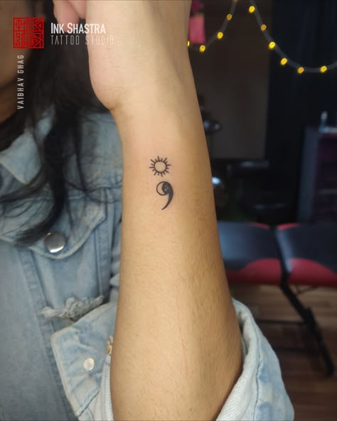 Sun Tattoo With Semicolon, Moon And Sun Semicolon Tattoo, Ying Yang Semicolon, Semi-colon Tattoo Star And Moon, Cool Semi Colon, Semi-colon Tattoo Yin Yang, Semi-colon Tattoo Sun Moon, Sun And Moon Semicolon, Yin Yang Semicolon Tattoo