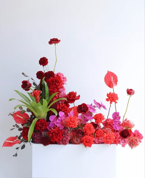 Raspberry Floral Arrangements, Red Floral Installation, Gala Flower Arrangements, Red And Pink Flower Arrangements, Arch Gate, Pink Flower Arrangements, Flower Backdrop Wedding, Orange Wedding Flowers, Floral Installation