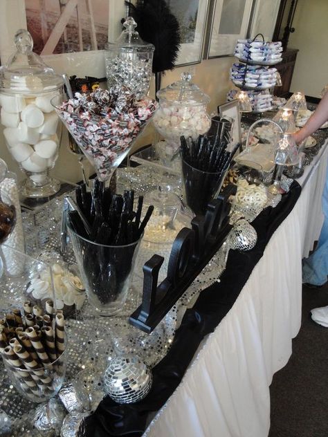 Candy ba Black Silver Table Decorations, Spurs Cake, Black Candy Buffet, Birthday Ideas For Girls, Candy Station Wedding, Volleyball Banquet, Wonka Candy, Candy Land Party, Candy Props